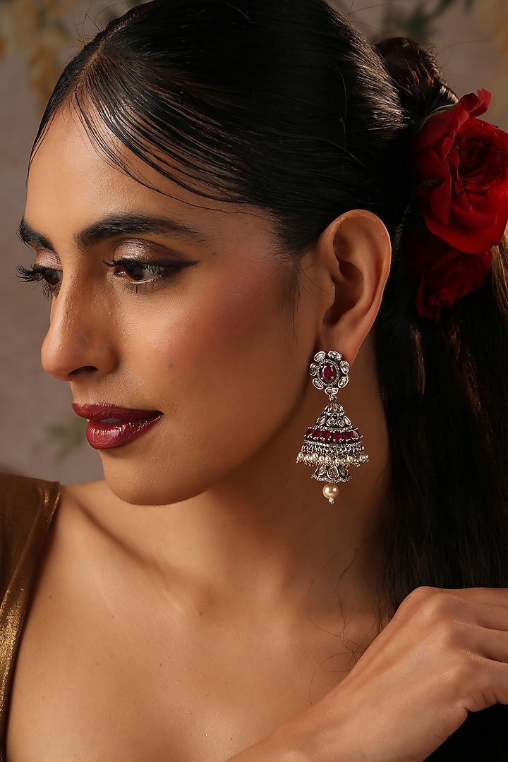 Gold Finish Red Kundan Polki Jhumka Earrings by Swabhimann Jewellery at Pernia's Pop Up Shop