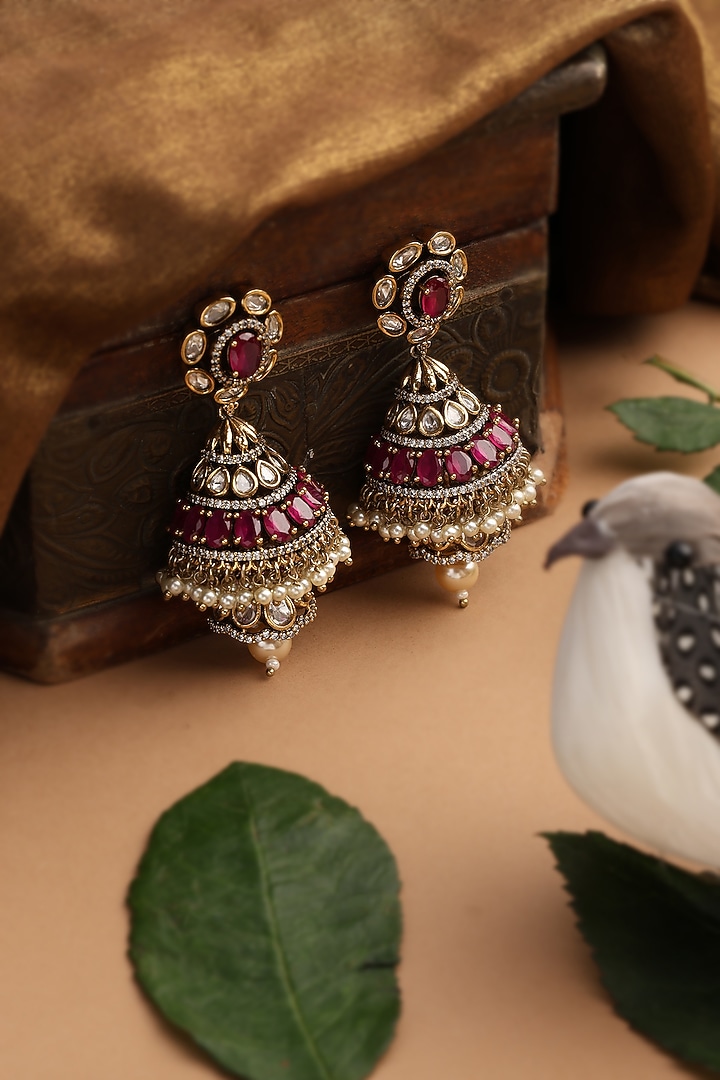 Gold Finish Red Kundan Polki Jhumka Earrings by Swabhimann Jewellery at Pernia's Pop Up Shop
