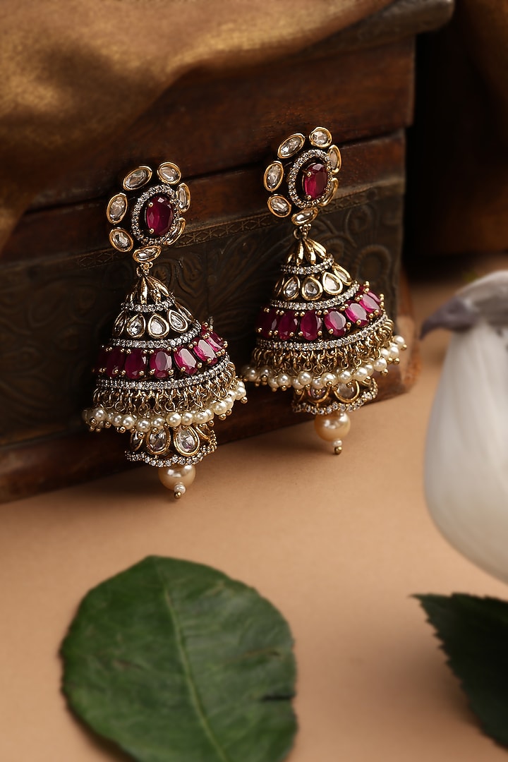 Gold Finish Red Kundan Polki Jhumka Earrings by Swabhimann Jewellery at Pernia's Pop Up Shop