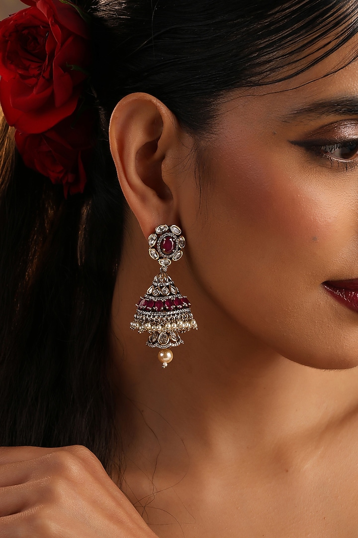 Gold Finish Red Kundan Polki Jhumka Earrings by Swabhimann Jewellery at Pernia's Pop Up Shop
