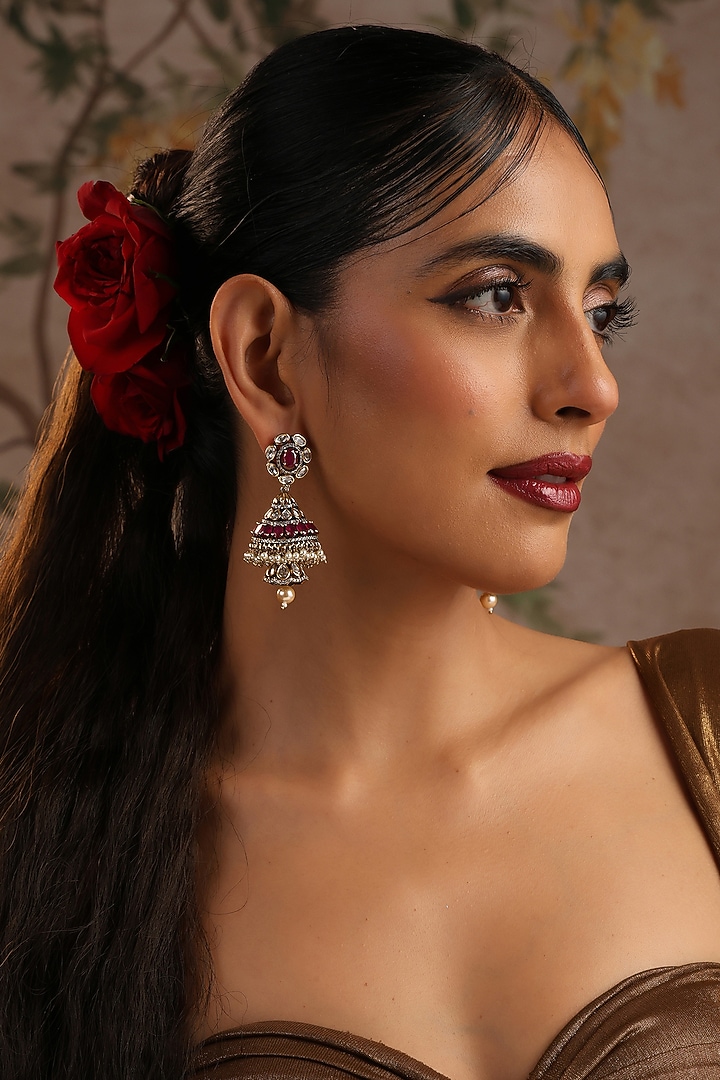 Gold Finish Red Kundan Polki Jhumka Earrings by Swabhimann Jewellery at Pernia's Pop Up Shop