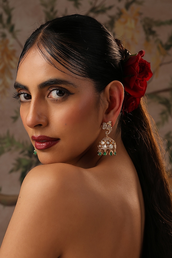 Gold Finish Green Kundan Polki Jhumka Earrings by Swabhimann Jewellery at Pernia's Pop Up Shop