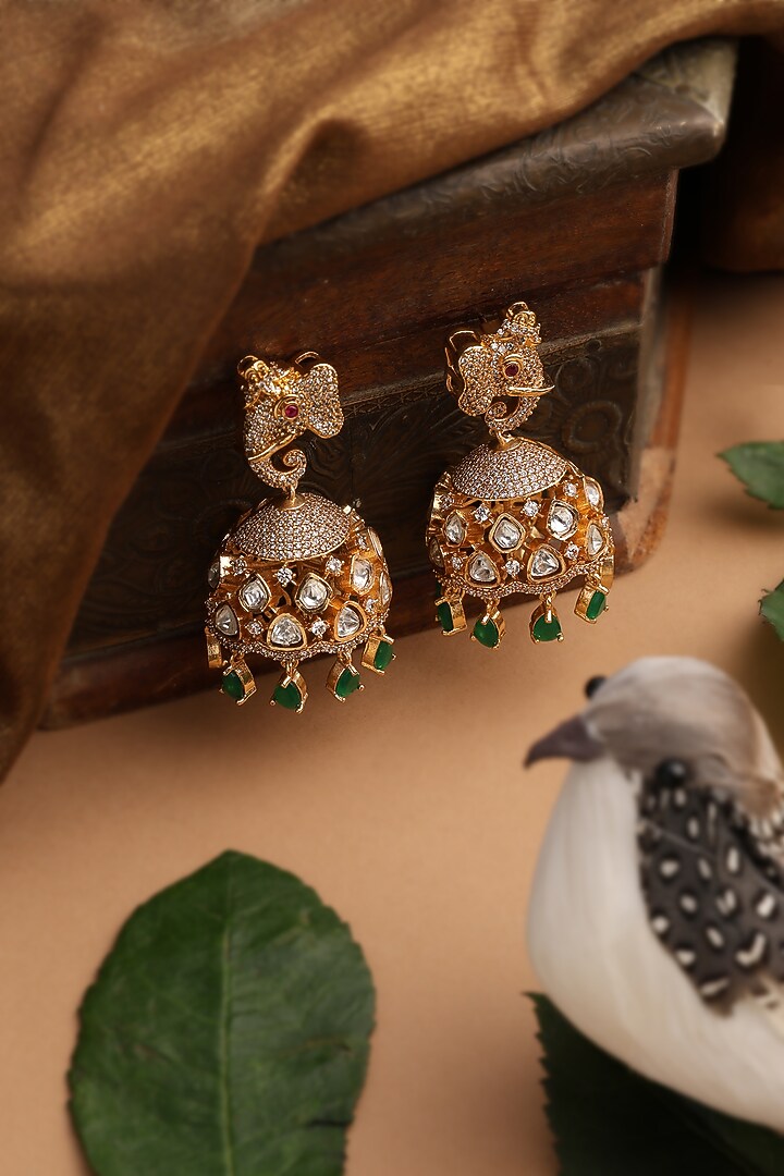 Gold Finish Green Kundan Polki Jhumka Earrings by Swabhimann Jewellery at Pernia's Pop Up Shop