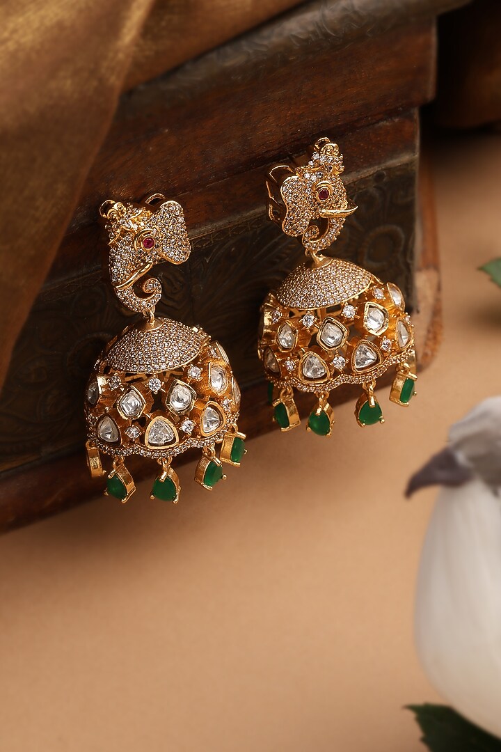 Gold Finish Green Kundan Polki Jhumka Earrings by Swabhimann Jewellery at Pernia's Pop Up Shop