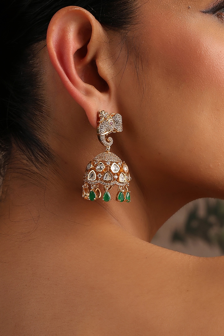 Gold Finish Green Kundan Polki Jhumka Earrings by Swabhimann Jewellery at Pernia's Pop Up Shop