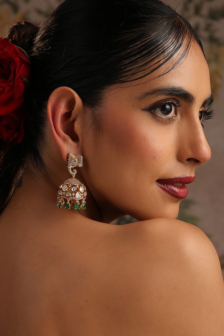 Gold Finish Green Kundan Polki Jhumka Earrings by Swabhimann Jewellery at Pernia's Pop Up Shop