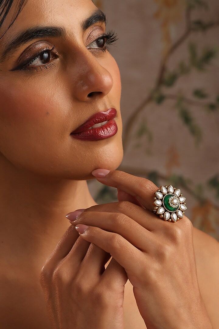 Gold Finish Green Kundan Polki Adjustable Ring by Swabhimann Jewellery at Pernia's Pop Up Shop