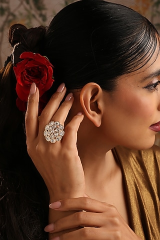 Rose Gold Finish Kundan Polki Adjustable Ring by Swabhimann Jewellery