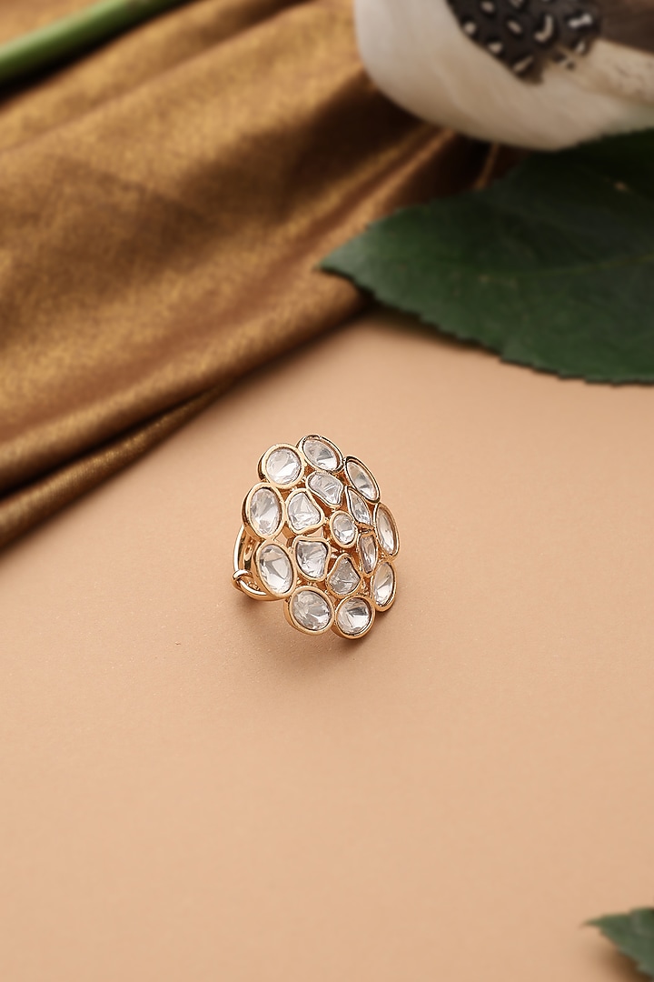 Rose Gold Finish Kundan Polki Adjustable Ring by Swabhimann Jewellery at Pernia's Pop Up Shop