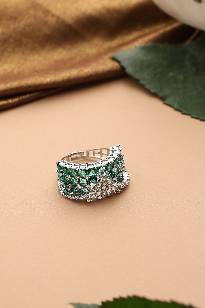 White Finish Emerald & Zirconia Adjustable Ring by Swabhimann Jewellery at Pernia's Pop Up Shop