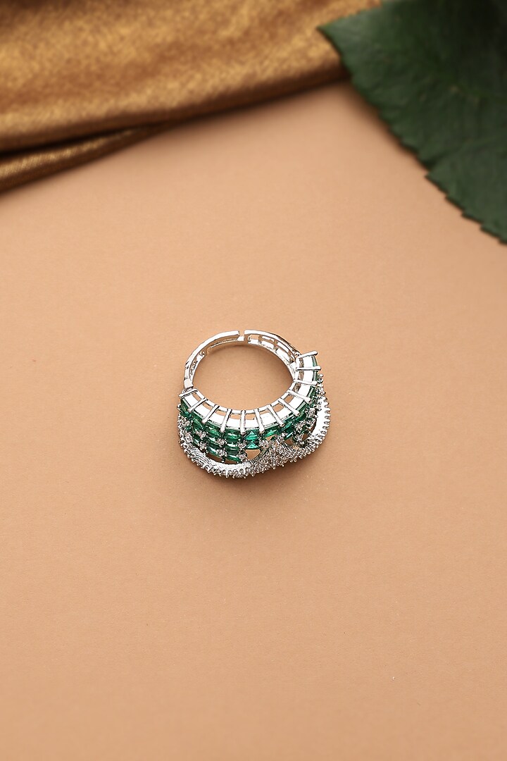 White Finish Emerald & Zirconia Adjustable Ring by Swabhimann Jewellery at Pernia's Pop Up Shop