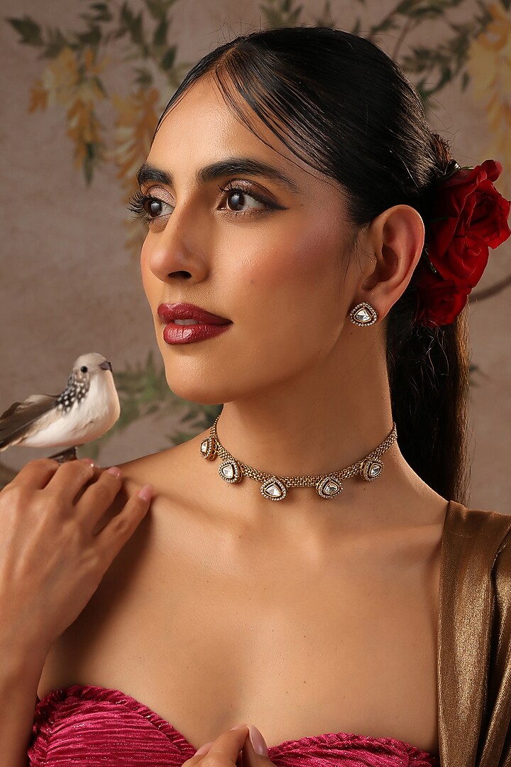 Gold Finish Kundan Polki Choker Necklace Set by Swabhimann Jewellery at Pernia's Pop Up Shop