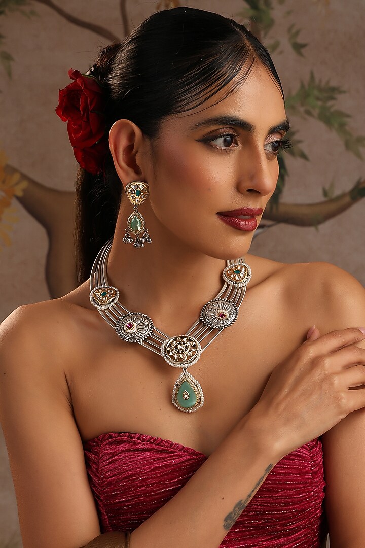 White Finish Multi-Colored Kundan Polki Hasli Necklace Set by Swabhimann Jewellery at Pernia's Pop Up Shop