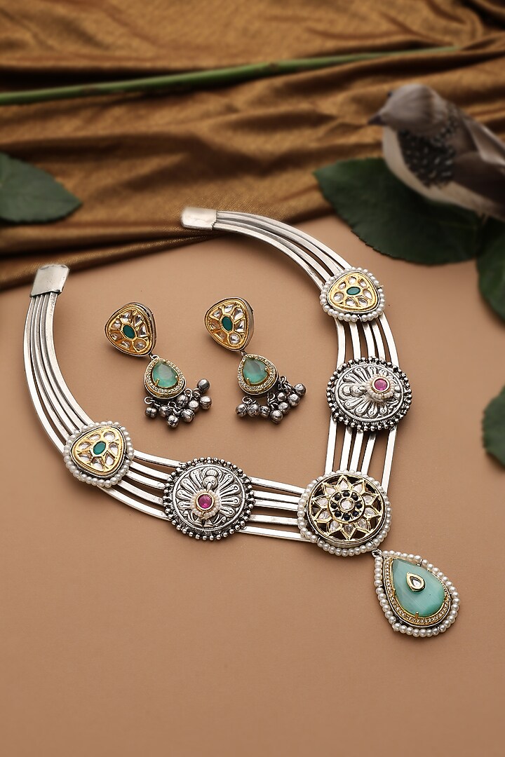 White Finish Multi-Colored Kundan Polki Hasli Necklace Set by Swabhimann Jewellery at Pernia's Pop Up Shop