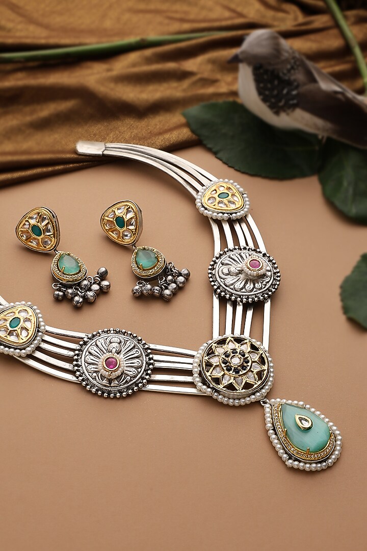 White Finish Multi-Colored Kundan Polki Hasli Necklace Set by Swabhimann Jewellery at Pernia's Pop Up Shop