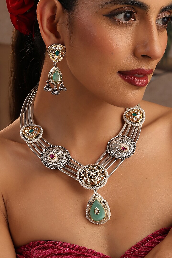 White Finish Multi-Colored Kundan Polki Hasli Necklace Set by Swabhimann Jewellery at Pernia's Pop Up Shop