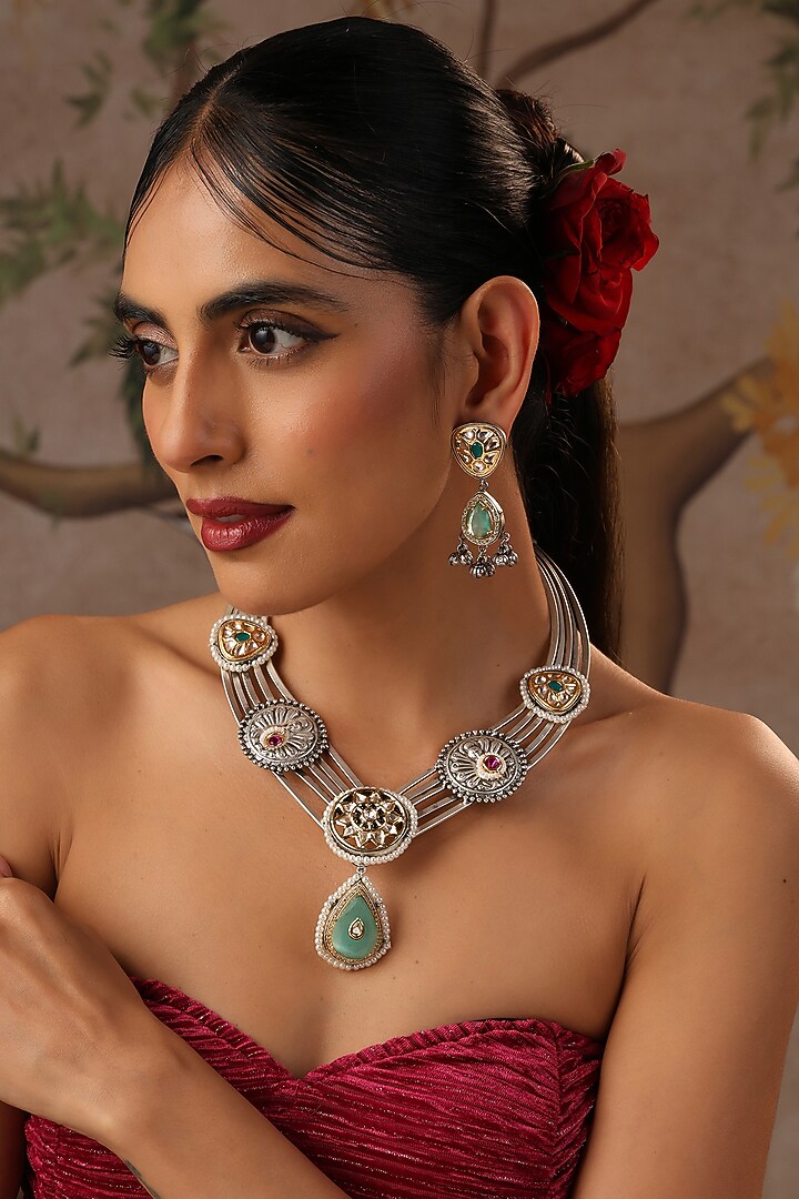 White Finish Multi-Colored Kundan Polki Hasli Necklace Set by Swabhimann Jewellery at Pernia's Pop Up Shop