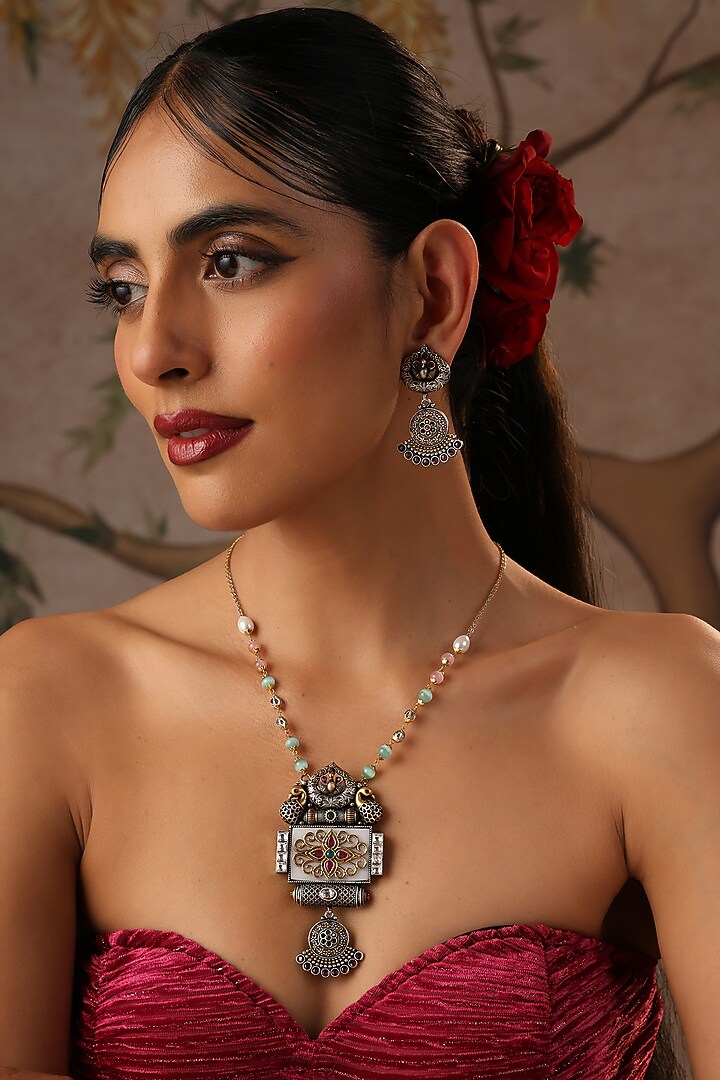 White Finish Multi-Colored Kundan Polki Pendant Necklace Set by Swabhimann Jewellery at Pernia's Pop Up Shop