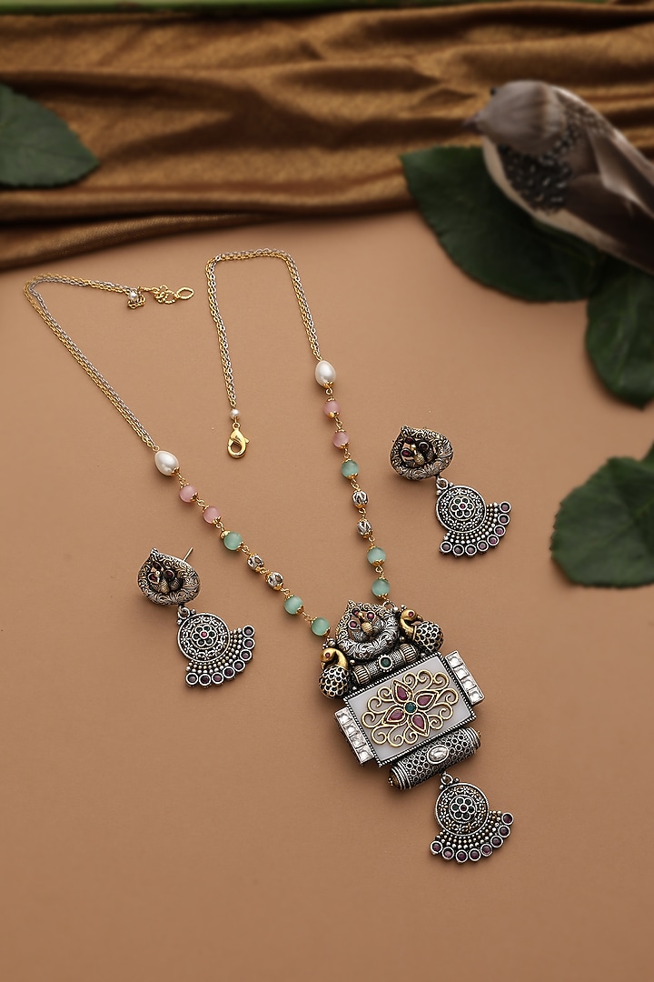 White Finish Multi-Colored Kundan Polki Pendant Necklace Set by Swabhimann Jewellery at Pernia's Pop Up Shop