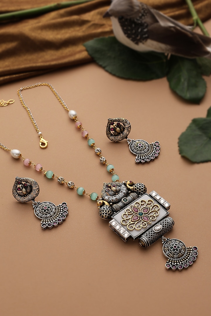 White Finish Multi-Colored Kundan Polki Pendant Necklace Set by Swabhimann Jewellery at Pernia's Pop Up Shop