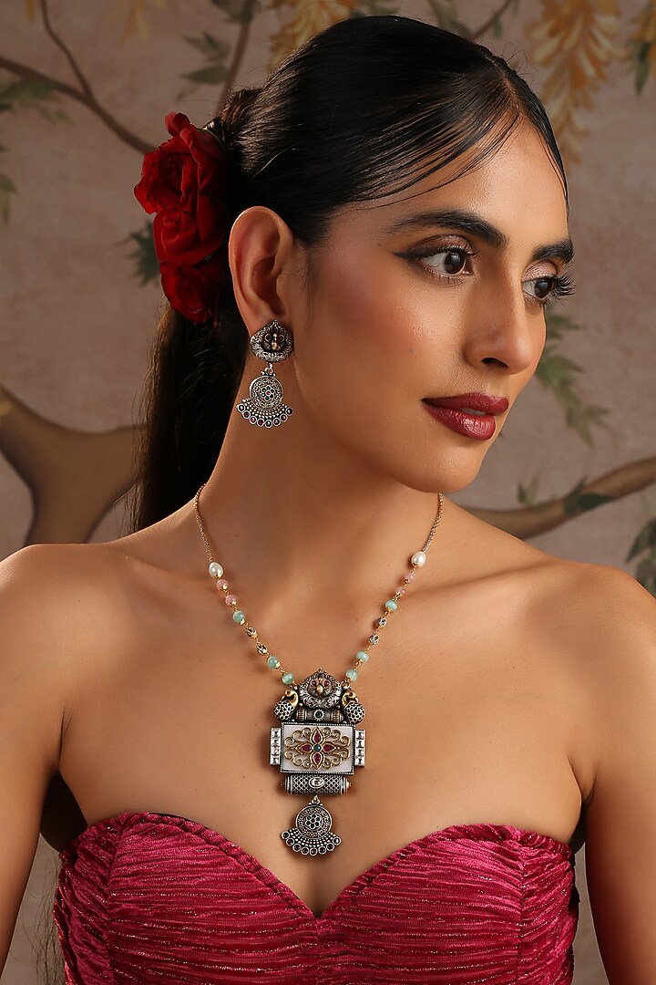 White Finish Multi-Colored Kundan Polki Pendant Necklace Set by Swabhimann Jewellery at Pernia's Pop Up Shop
