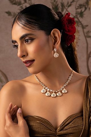 Rose Gold Finish Kundan Polki Necklace Set by Swabhimann Jewellery