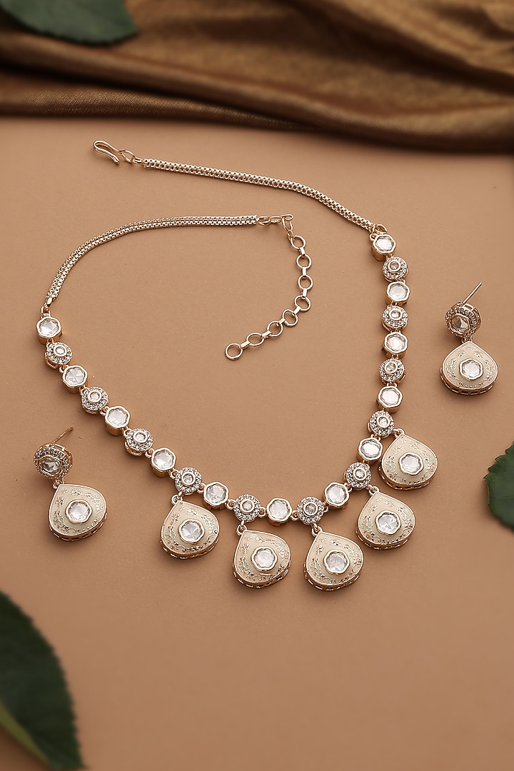 Rose Gold Finish Kundan Polki Necklace Set by Swabhimann Jewellery at Pernia's Pop Up Shop