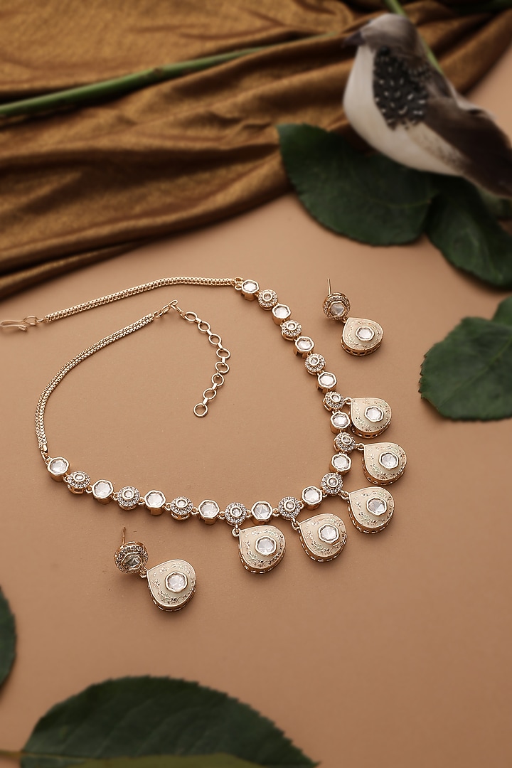 Rose Gold Finish Kundan Polki Necklace Set by Swabhimann Jewellery at Pernia's Pop Up Shop