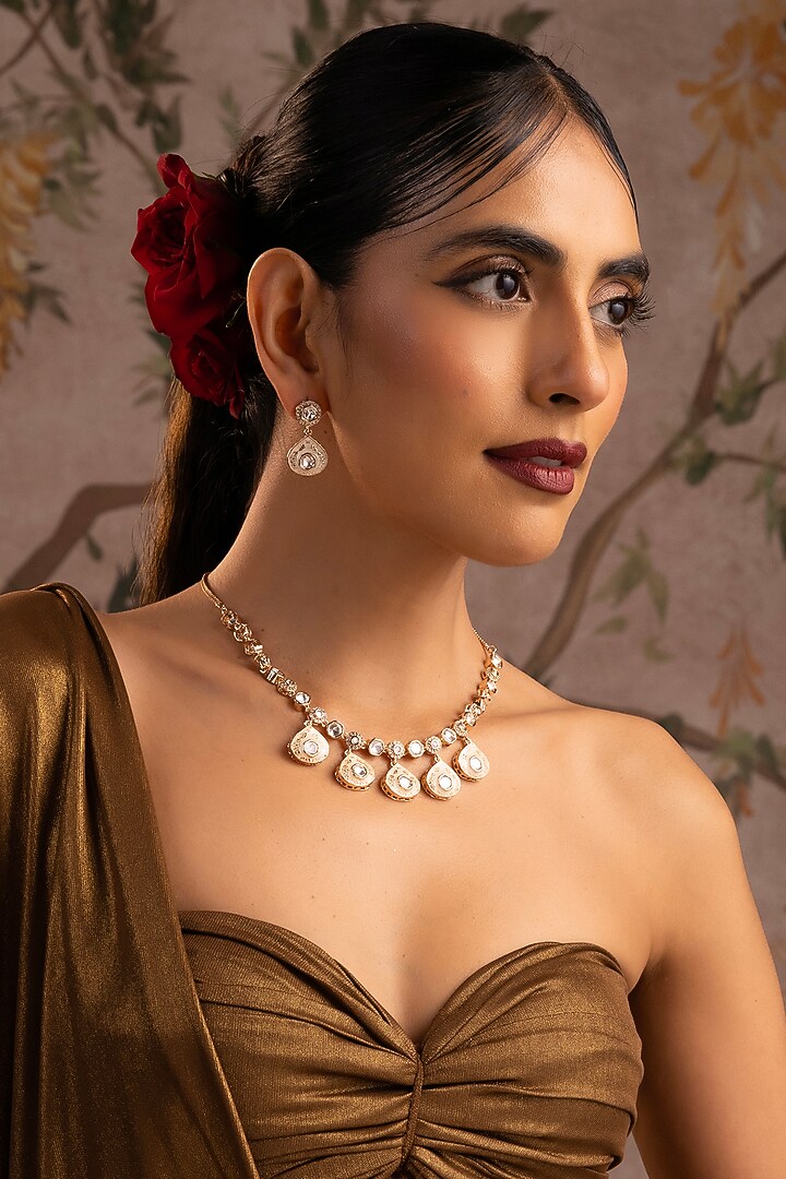 Rose Gold Finish Kundan Polki Necklace Set by Swabhimann Jewellery at Pernia's Pop Up Shop