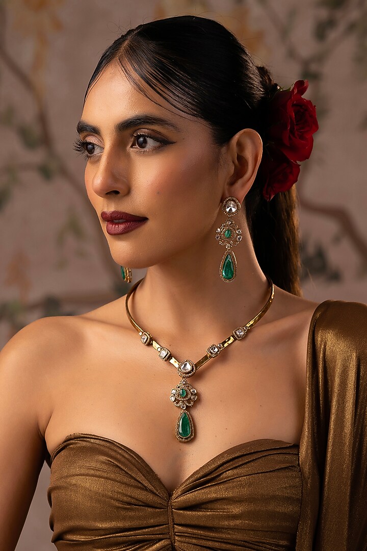 Gold Finish Green Kundan Polki Hasli Necklace Set by Swabhimann Jewellery at Pernia's Pop Up Shop