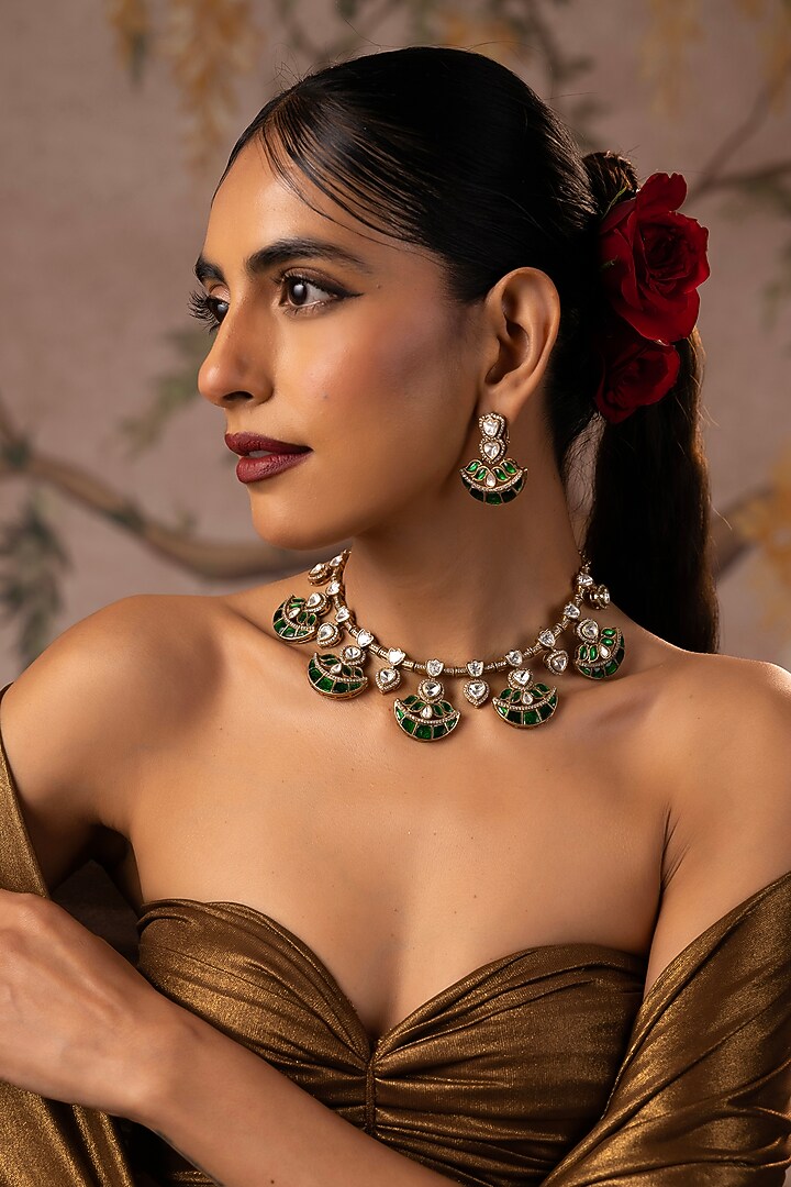 Gold Finish Green Kundan Polki Hasli Necklace Set by Swabhimann Jewellery at Pernia's Pop Up Shop