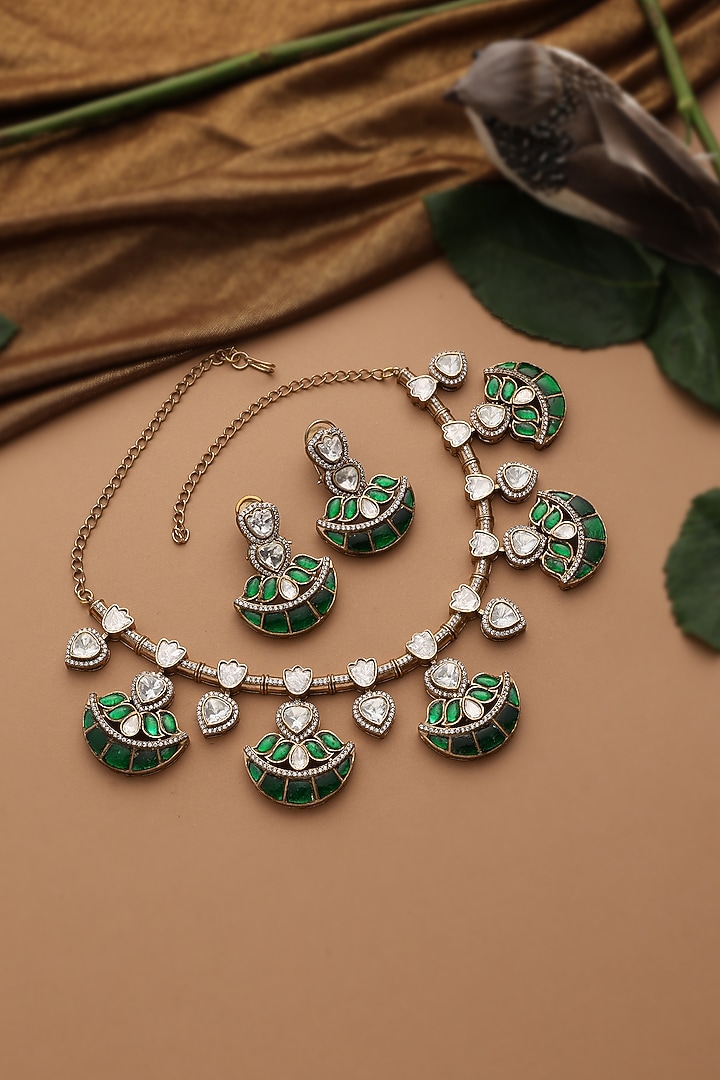 Gold Finish Green Kundan Polki Hasli Necklace Set by Swabhimann Jewellery at Pernia's Pop Up Shop