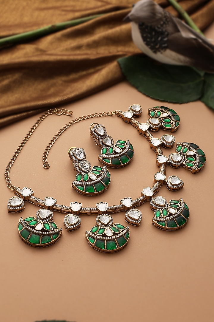 Gold Finish Green Kundan Polki Hasli Necklace Set by Swabhimann Jewellery at Pernia's Pop Up Shop