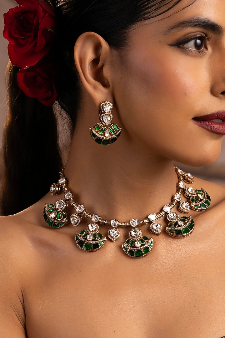 Gold Finish Green Kundan Polki Hasli Necklace Set by Swabhimann Jewellery at Pernia's Pop Up Shop