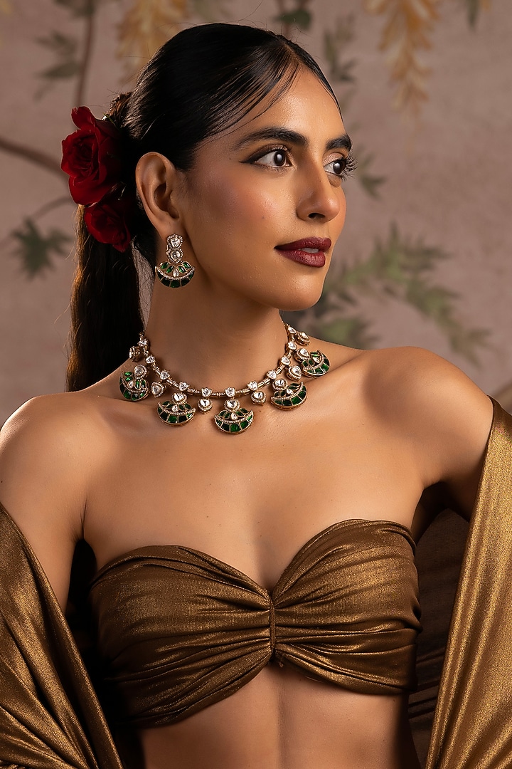 Gold Finish Green Kundan Polki Hasli Necklace Set by Swabhimann Jewellery at Pernia's Pop Up Shop
