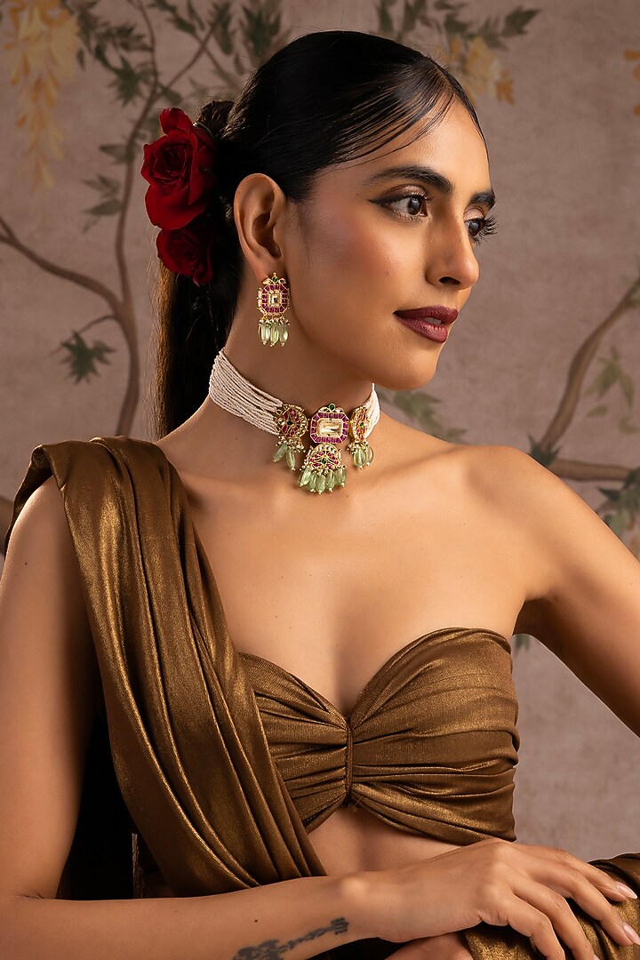 Gold Finish Multi-Colored Jadau Kundan Polki Choker Necklace Set by Swabhimann Jewellery at Pernia's Pop Up Shop