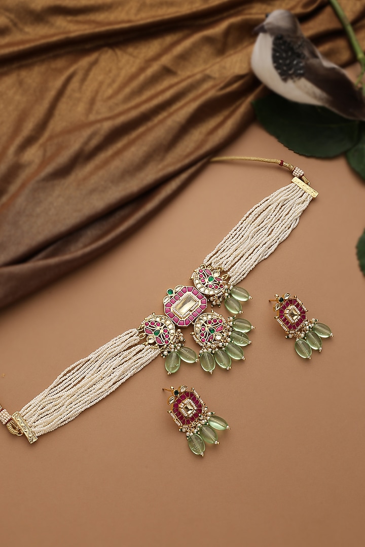 Gold Finish Multi-Colored Jadau Kundan Polki Choker Necklace Set by Swabhimann Jewellery at Pernia's Pop Up Shop
