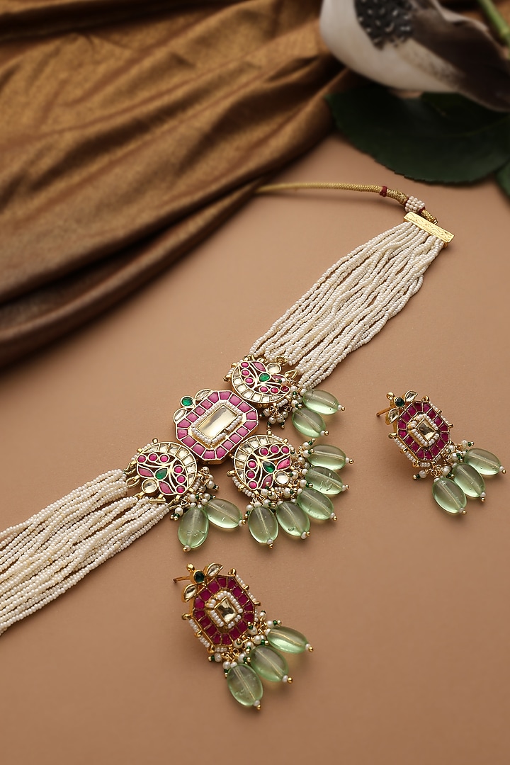 Gold Finish Multi-Colored Jadau Kundan Polki Choker Necklace Set by Swabhimann Jewellery at Pernia's Pop Up Shop