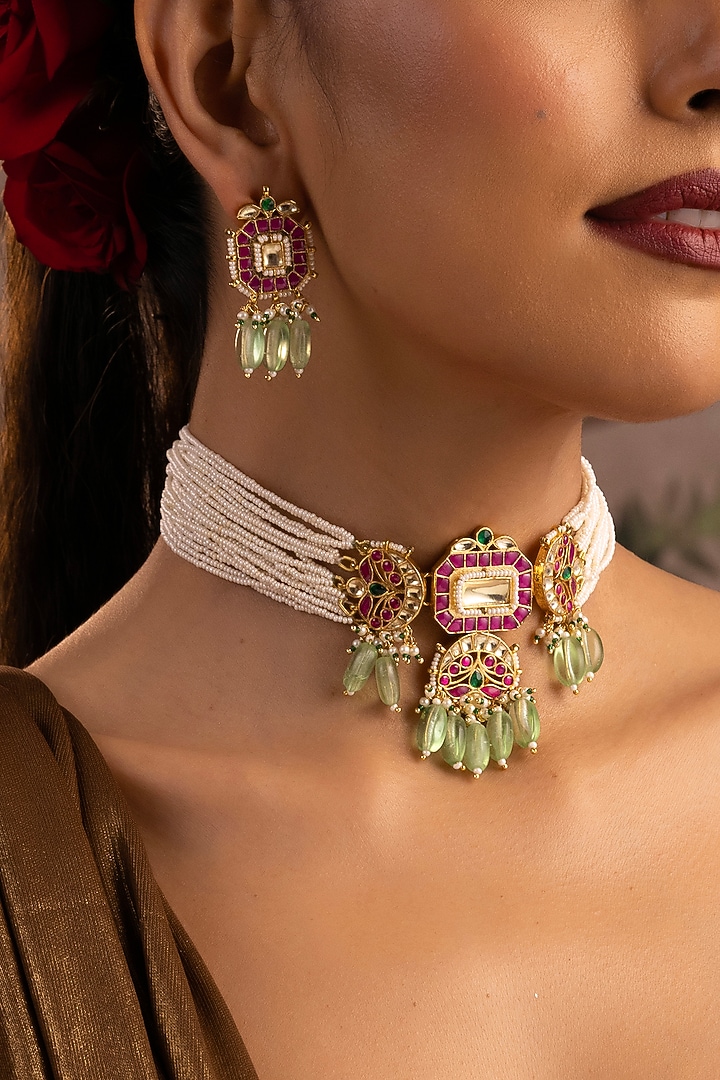 Gold Finish Multi-Colored Jadau Kundan Polki Choker Necklace Set by Swabhimann Jewellery at Pernia's Pop Up Shop