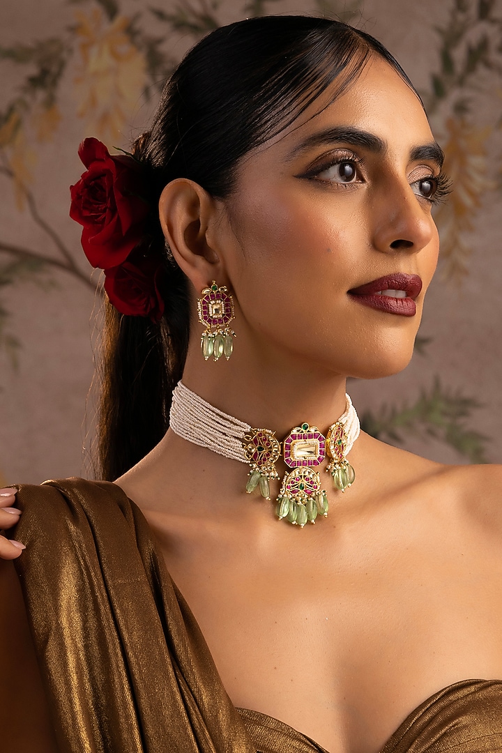 Gold Finish Multi-Colored Jadau Kundan Polki Choker Necklace Set by Swabhimann Jewellery at Pernia's Pop Up Shop