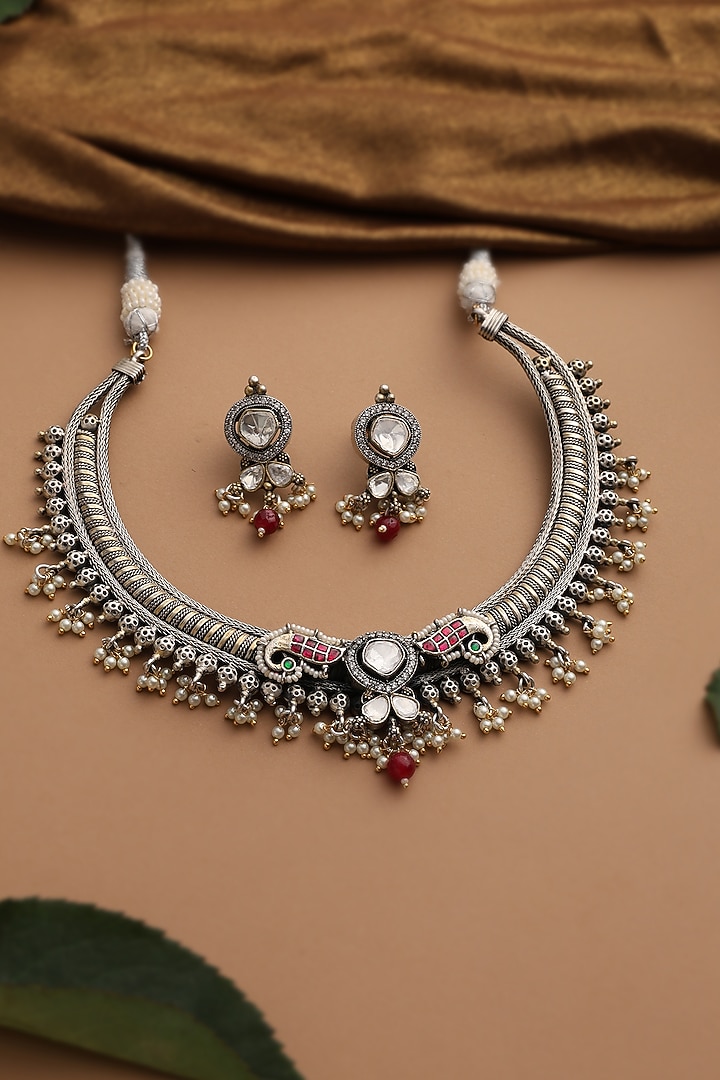 White Finish Red Kundan Polki Hasli Necklace Set by Swabhimann Jewellery at Pernia's Pop Up Shop