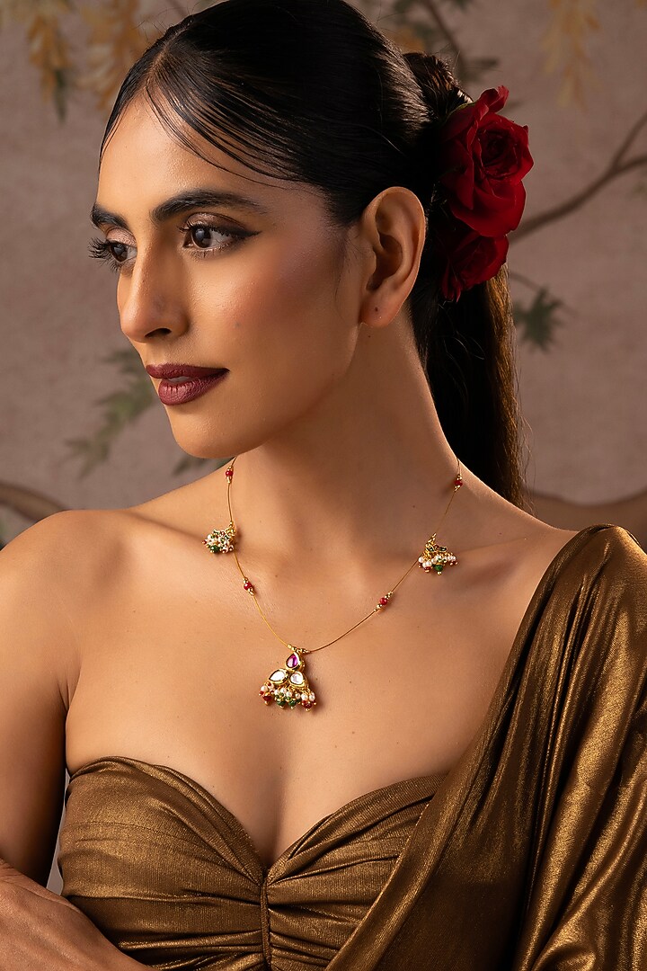 Gold Finish Multi-Colored Kundan Polki Pendant Necklace Set by Swabhimann Jewellery at Pernia's Pop Up Shop