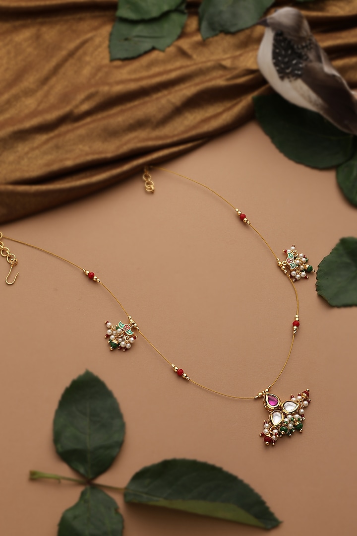 Gold Finish Multi-Colored Kundan Polki Pendant Necklace Set by Swabhimann Jewellery at Pernia's Pop Up Shop