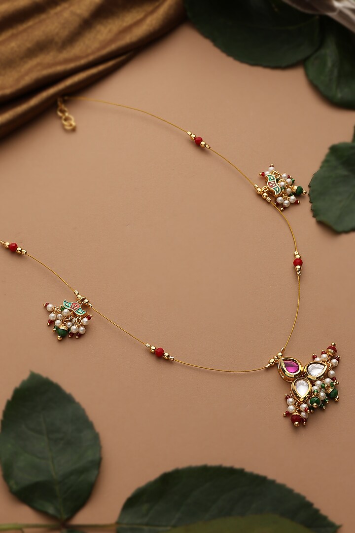 Gold Finish Multi-Colored Kundan Polki Pendant Necklace Set by Swabhimann Jewellery at Pernia's Pop Up Shop