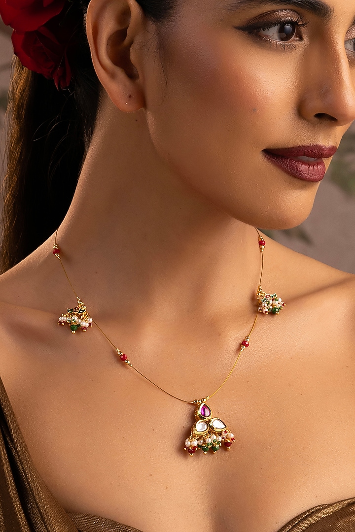 Gold Finish Multi-Colored Kundan Polki Pendant Necklace Set by Swabhimann Jewellery at Pernia's Pop Up Shop