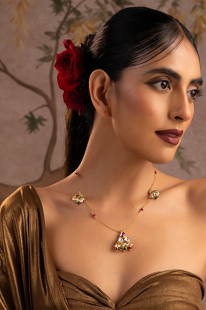 Gold Finish Multi-Colored Kundan Polki Pendant Necklace Set by Swabhimann Jewellery at Pernia's Pop Up Shop