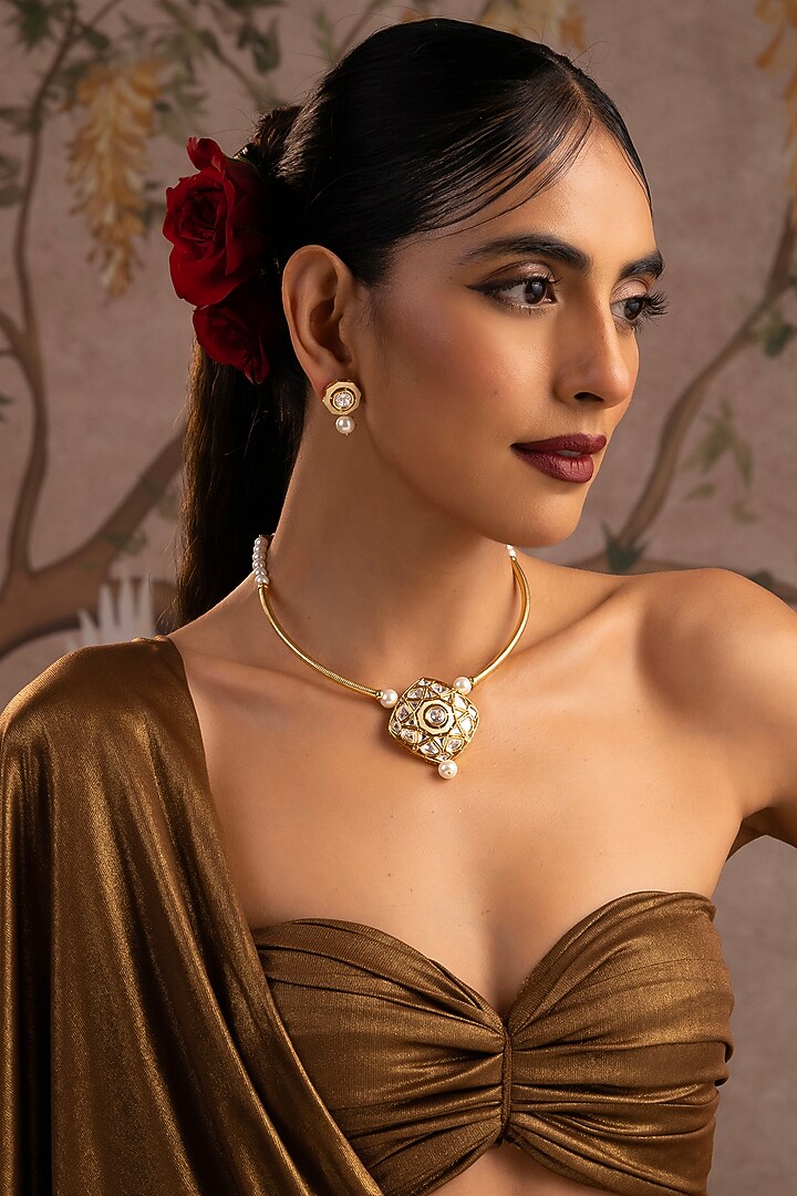 Gold Finish Kundan Polki Hasli Necklace Set by Swabhimann Jewellery at Pernia's Pop Up Shop