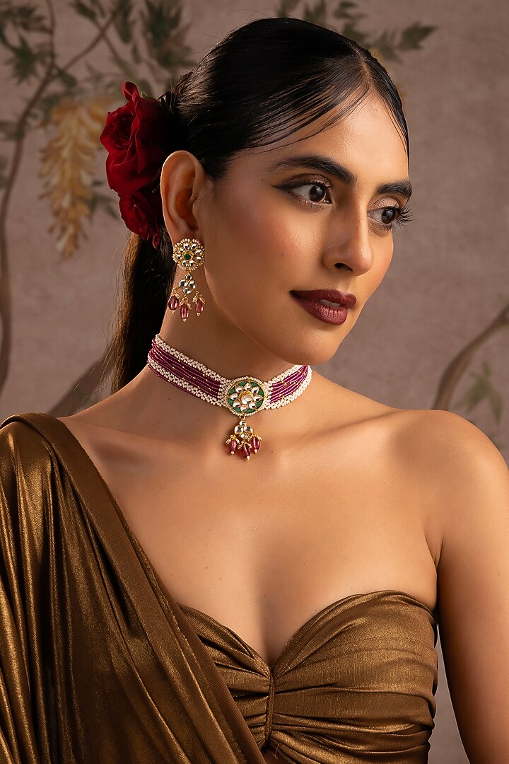 Gold Finish Multi-Colored Jadau Kundan Polki Choker Necklace Set by Swabhimann Jewellery at Pernia's Pop Up Shop