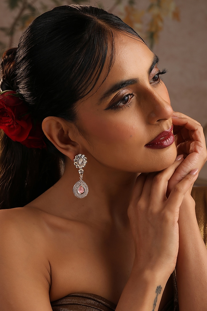 Rose Gold Finish Rose Quartz Kundan Polki Dangler Earrings by Swabhimann Jewellery at Pernia's Pop Up Shop