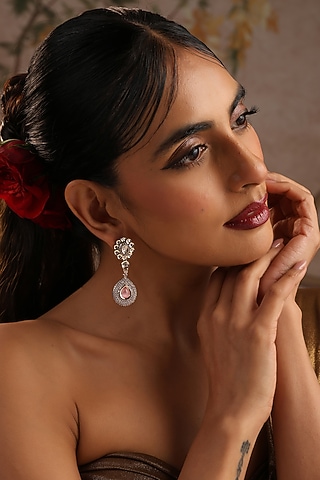 Rose Gold Finish Rose Quartz Kundan Polki Dangler Earrings by Swabhimann Jewellery